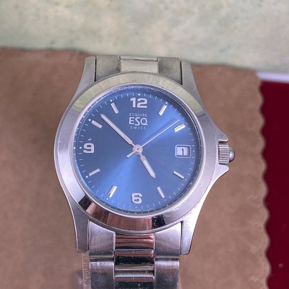 Vintage Movado ESQ Metallic Blue Dial Stainless Steel Watch